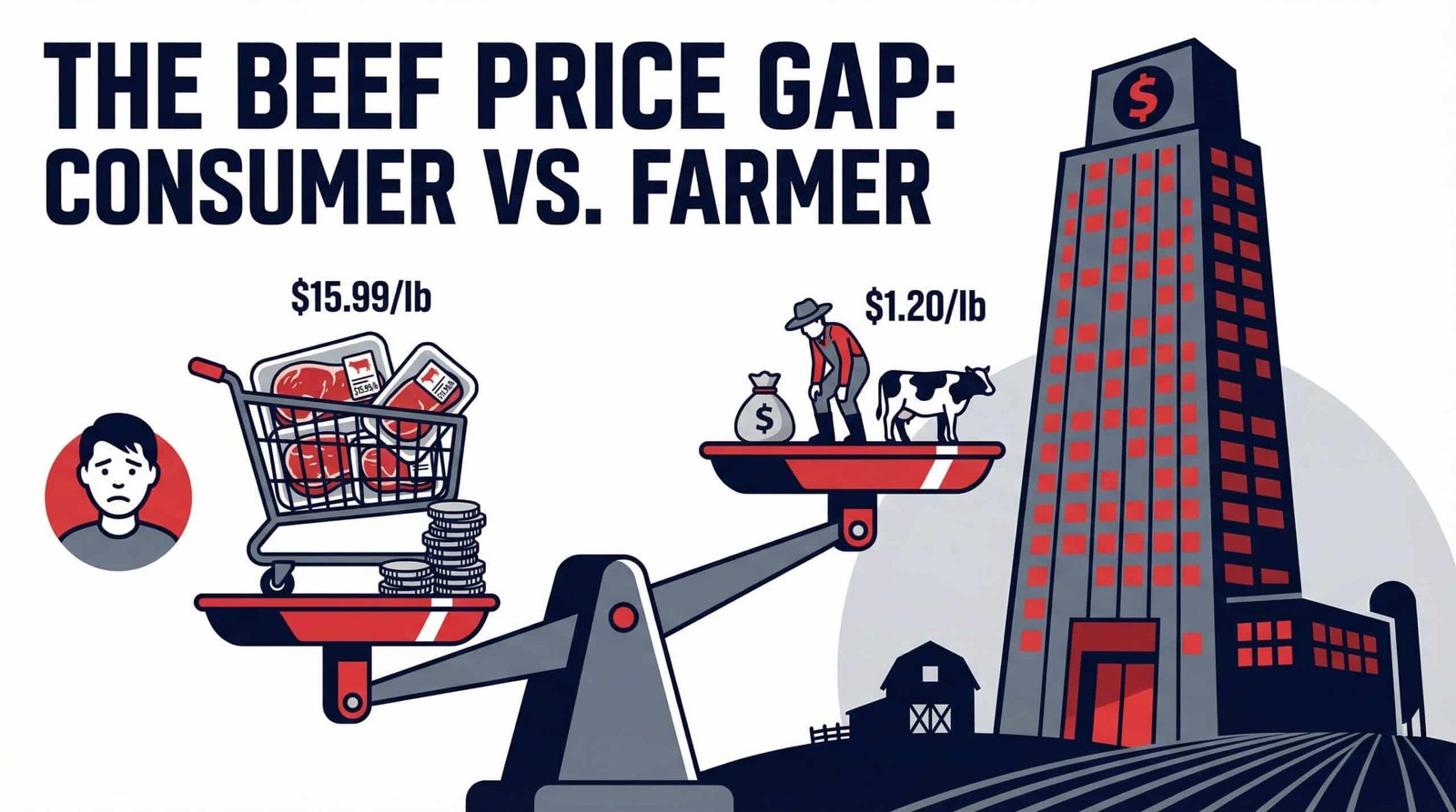 Scale showing consumers paying high beef prices while farmers receive only 37 cents of the retail dollar