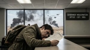 Young man receiving military draft notice letter with jets flying overhead during Iran war 2026