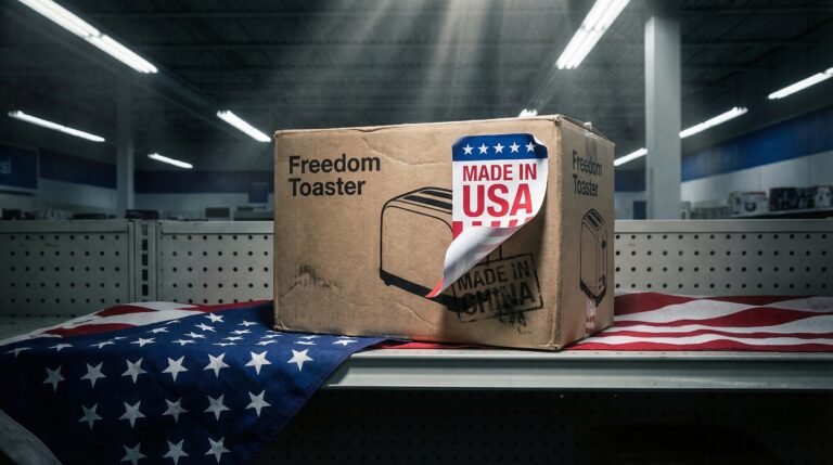 Made in USA label peels away to reveal Made in China stamp underneath on consumer product