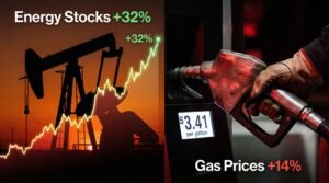 Brent crude oil price chart rising sharply against gas pump and stock ticker showing energy sector gains during Iran war 2026 oil shock generational inequality