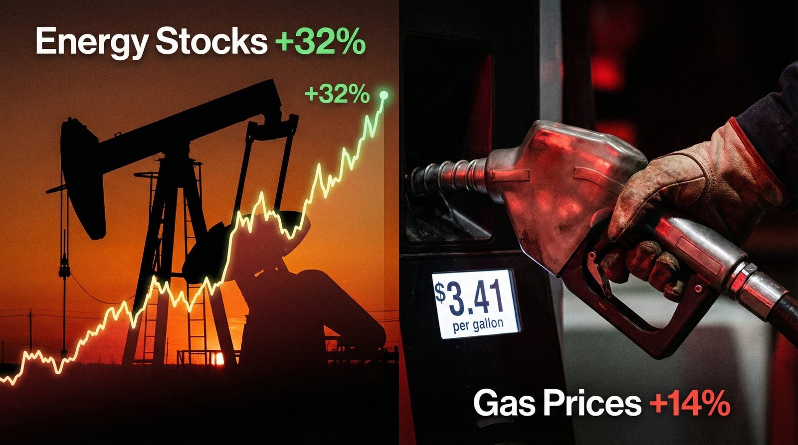 Brent crude oil price chart rising sharply against gas pump and stock ticker showing energy sector gains during Iran war 2026 oil shock generational inequality