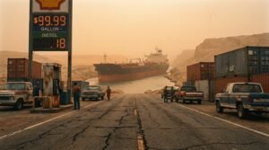Iran war supply chain crisis 2026 — gas station prices spike as Hormuz blockade halts oil tankers