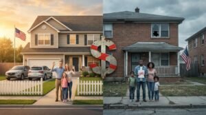 Racial wealth gap America split screen white suburban home versus redlined Black neighborhood mortgage denial