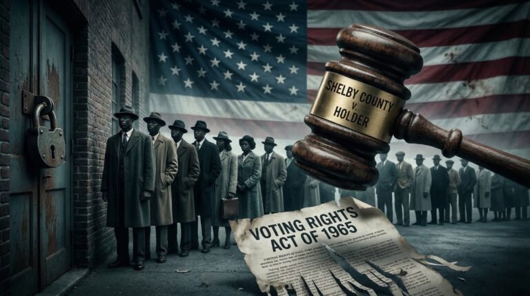 Voting Rights Act 1965 document shredded by Shelby County v Holder 2013 Supreme Court ruling closed polling place padlock