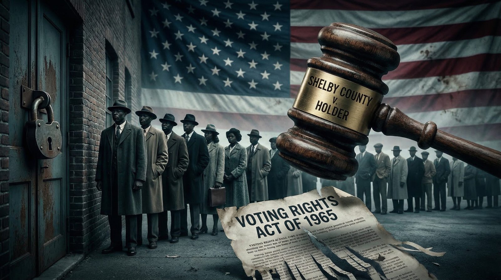 Voting Rights Act 1965 document shredded by Shelby County v Holder 2013 Supreme Court ruling closed polling place padlock