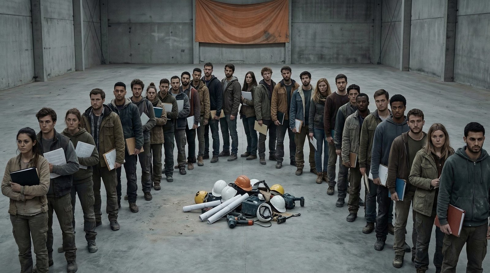 Diverse young millennial Gen Z workers in job fair line manufacturing construction jobs lost 2026