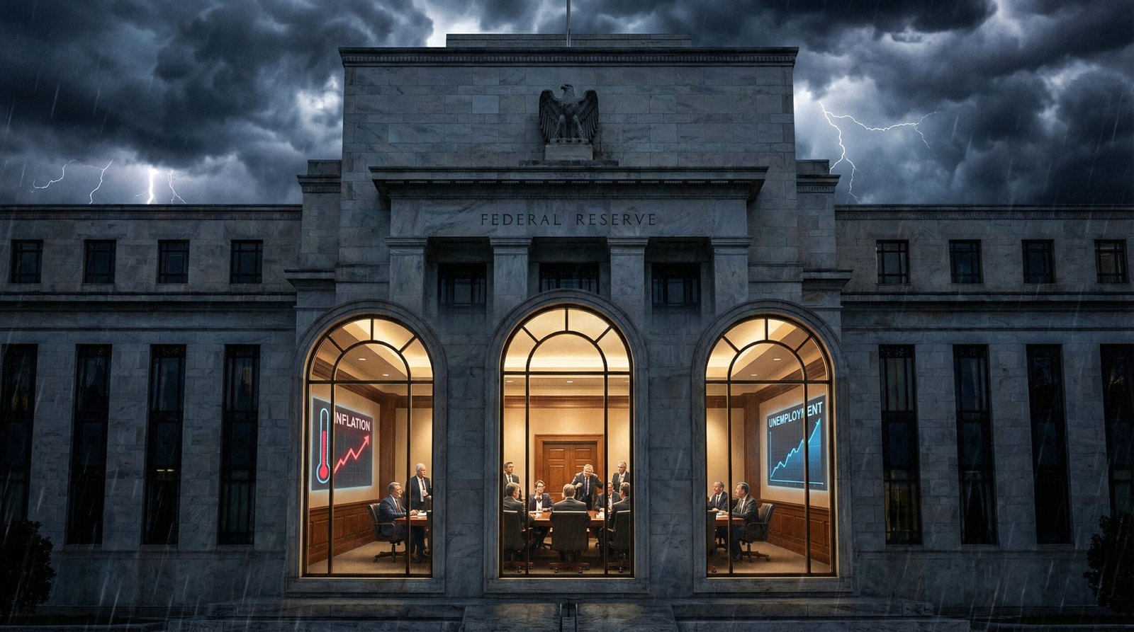 Federal Reserve building at night trapped between rising inflation and unemployment graphs