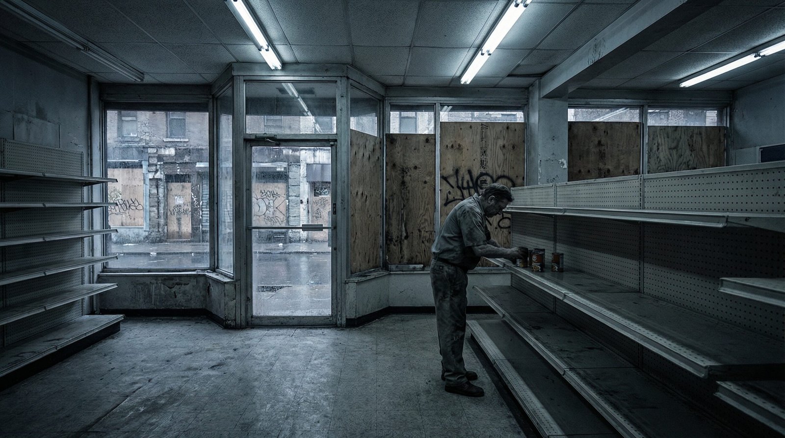 Empty sparse grocery store in low-income food desert neighborhood with worker stocking bare shelves