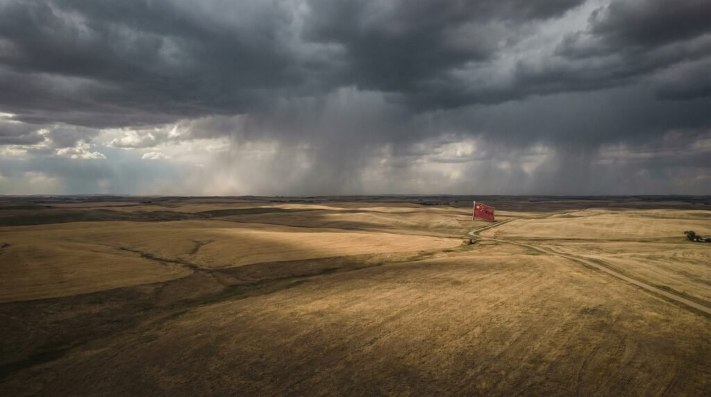 Aerial view of American farmland with foreign ownership flag visible on fence post