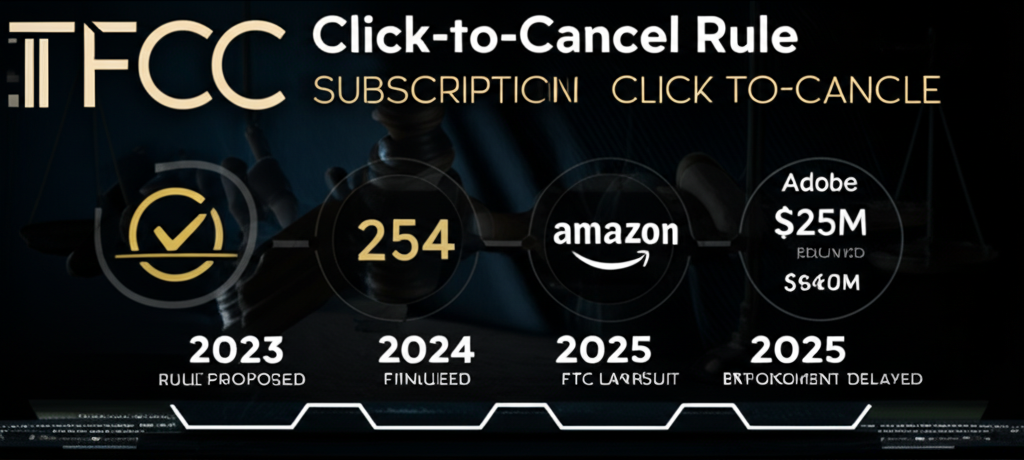 FTC click-to-cancel rule enforcement timeline infographic Amazon Prime fine $25M Adobe $540M subscription billing 2026