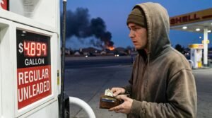 Young American millennial stressed at gas station pump showing $4.89 per gallon amid Iran war