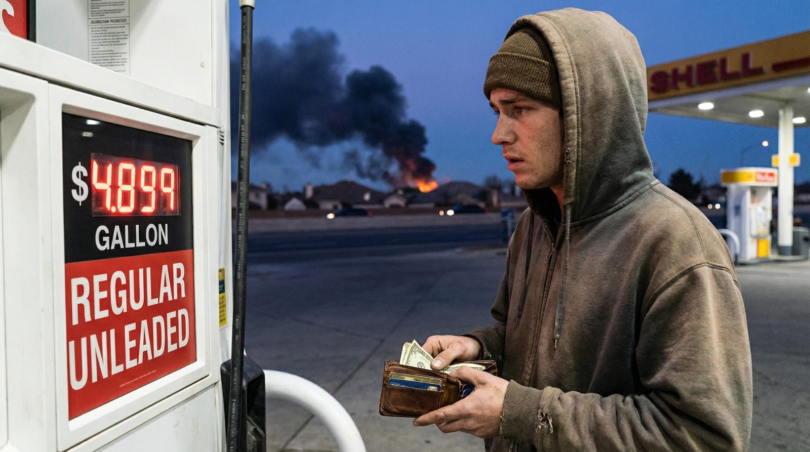 Young American millennial stressed at gas station pump showing $4.89 per gallon amid Iran war