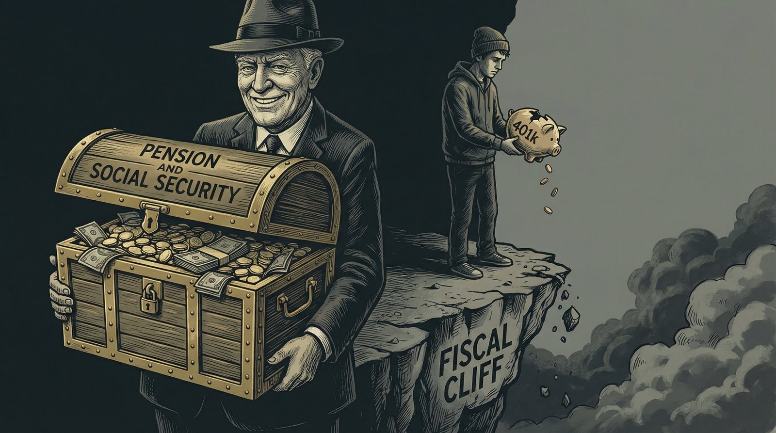 boomer holds full pension treasure chest while millennial holds cracked 401k piggy bank generational wealth gap