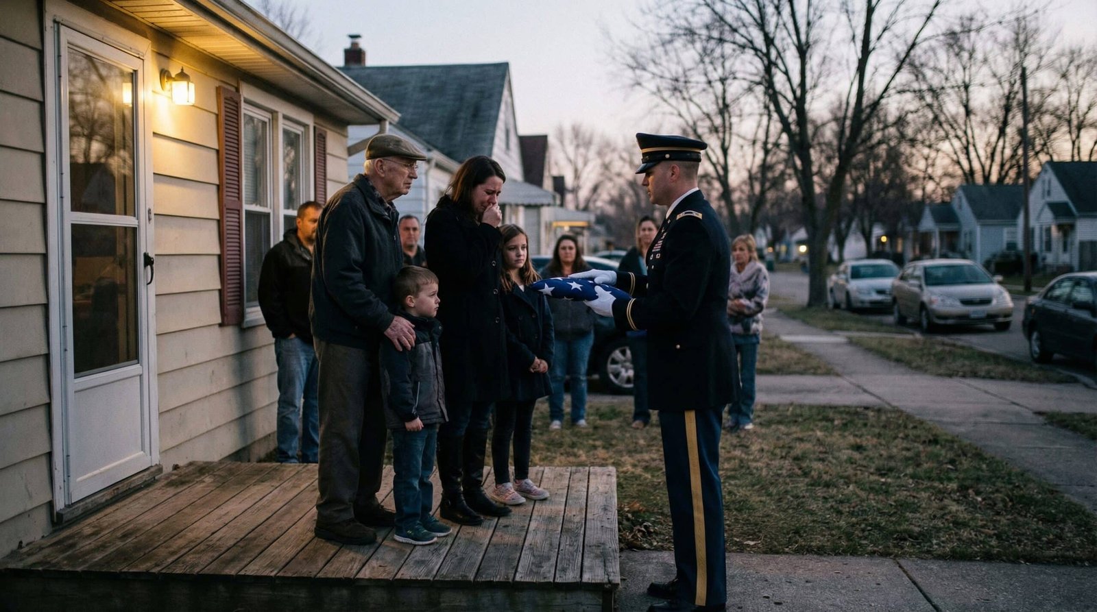 Grieving American family receiving flag representing cost borne by working-class military families