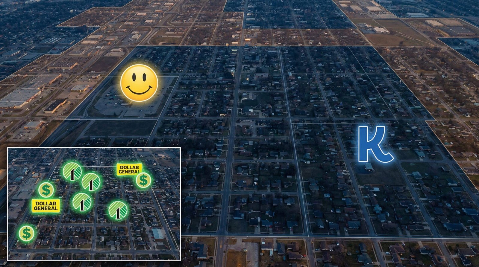 Aerial map of American city showing grocery store concentration data and food desert zones grocery monopoly market share