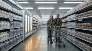 Young millennial couple shocked by grocery prices in consolidated supermarket aisle 2026 grocery monopoly america