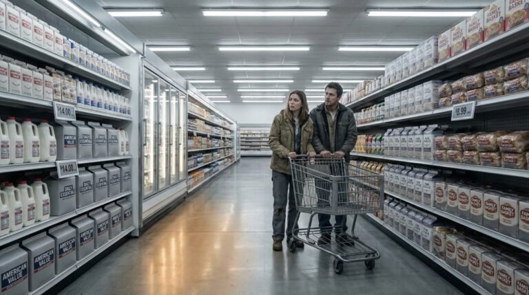 Young millennial couple shocked by grocery prices in consolidated supermarket aisle 2026 grocery monopoly america