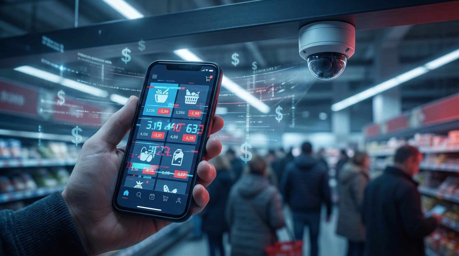 Smartphone grocery app showing surveillance-based dynamic pricing different prices for different users grocery monopoly America