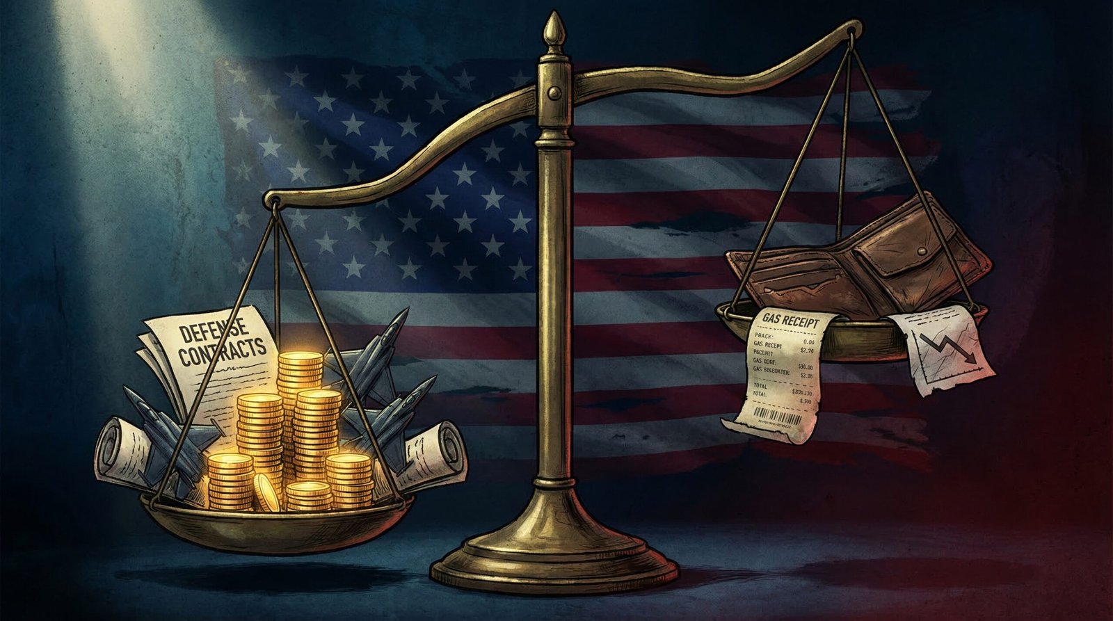 Iran war economic balance scale defense profits versus worker losses gas prices retirement savings