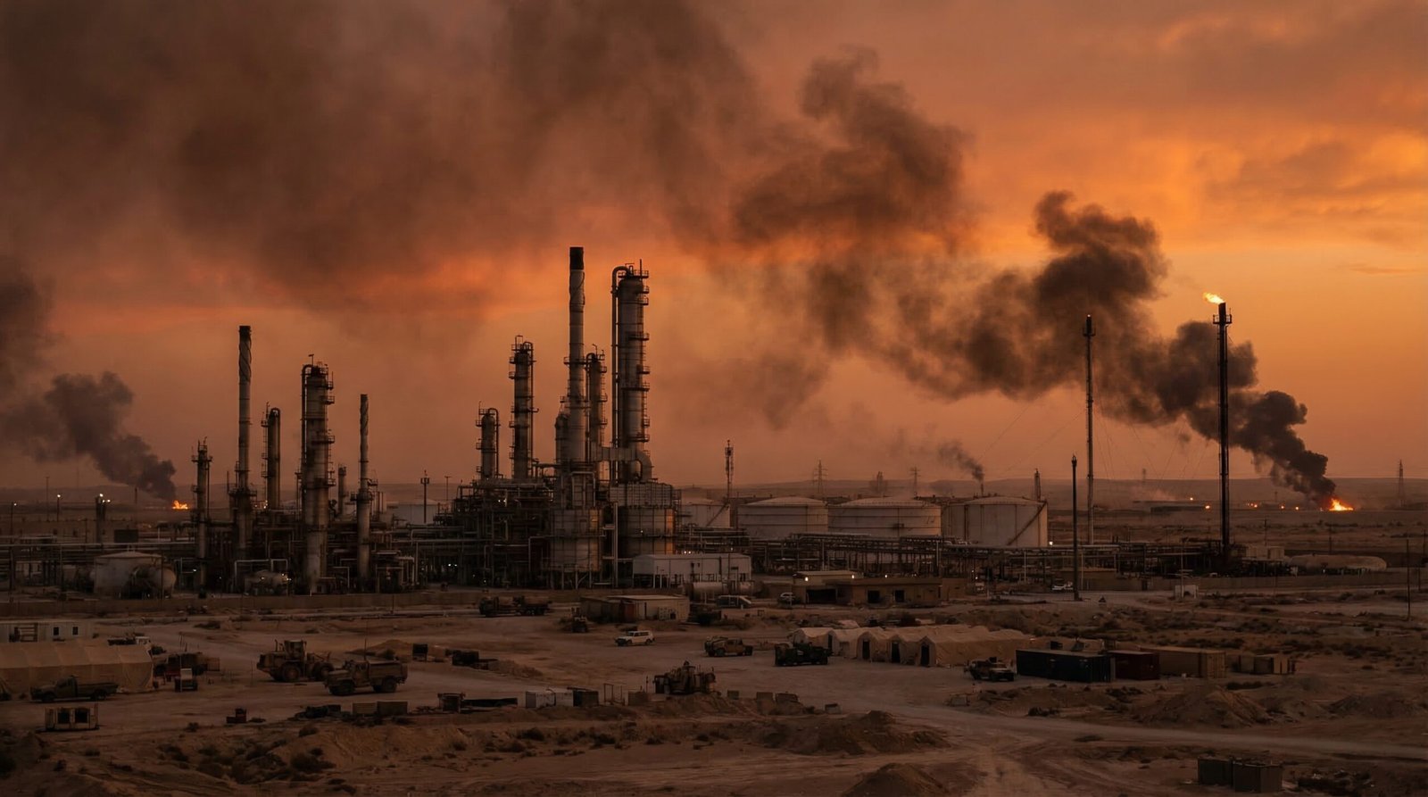 oil refinery Middle East war dusk Iran 2026 oil prices spike economic shock