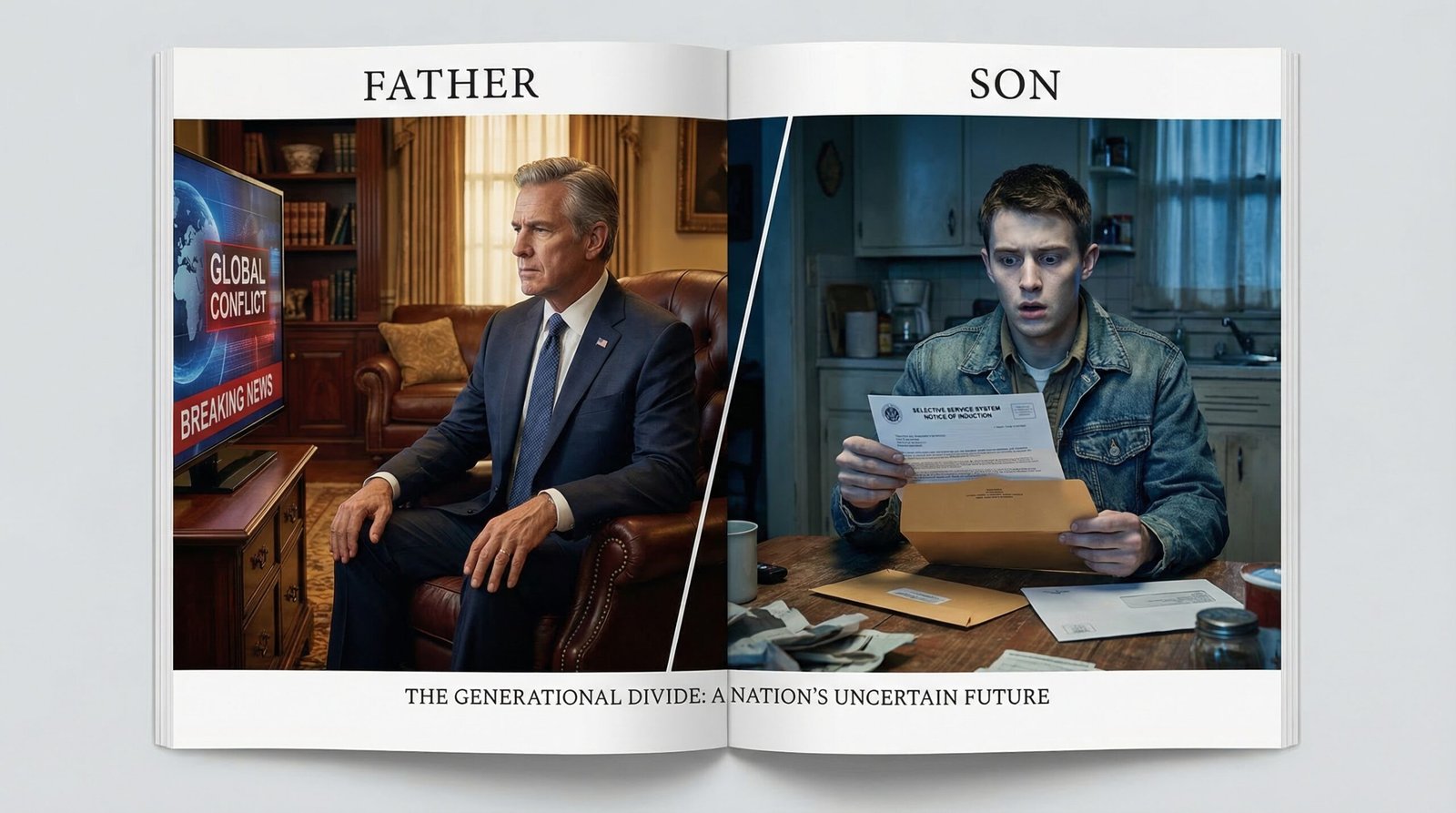 Boomer father watches Iran war on TV as adult son receives military draft notice at home