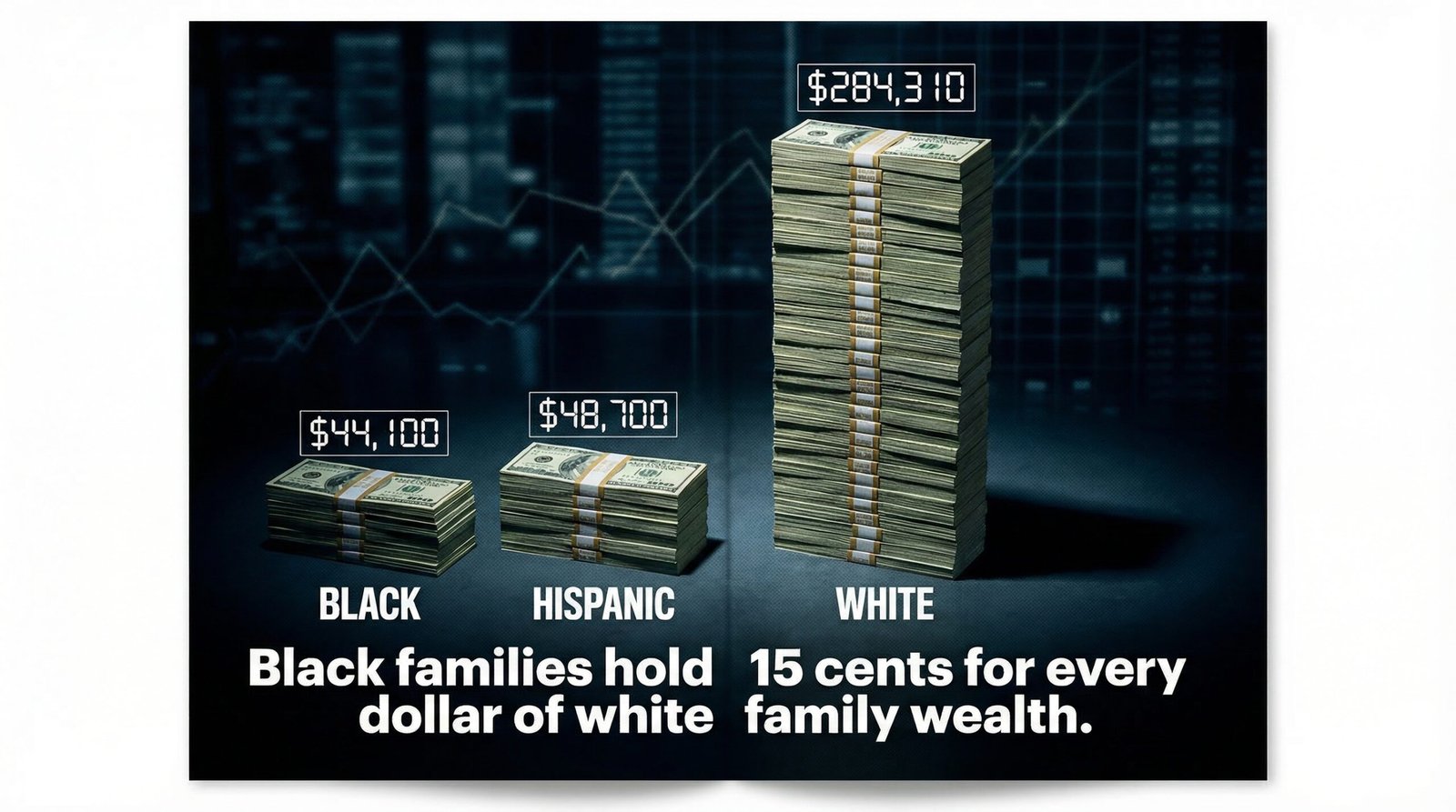 Racial wealth gap statistics bar chart showing white households $284310 versus Black households $44100 median net worth