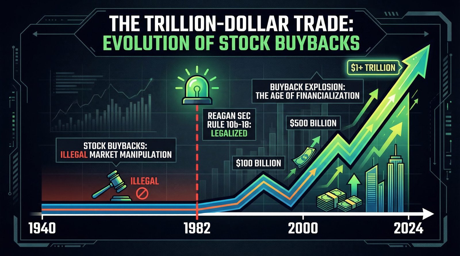 Stock buybacks history timeline 1940 to 2024 illegal before 1982 then exploding to $942 billion after Reagan SEC Rule 10b-18