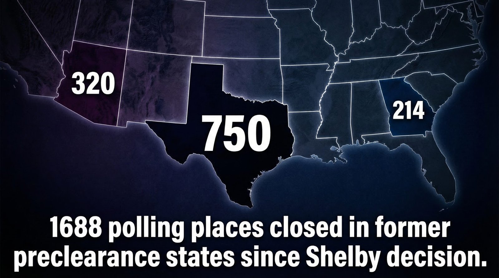 Voter suppression statistics map showing 1688 polling place closures Texas 750 Georgia 214 Arizona 320 since Shelby decision