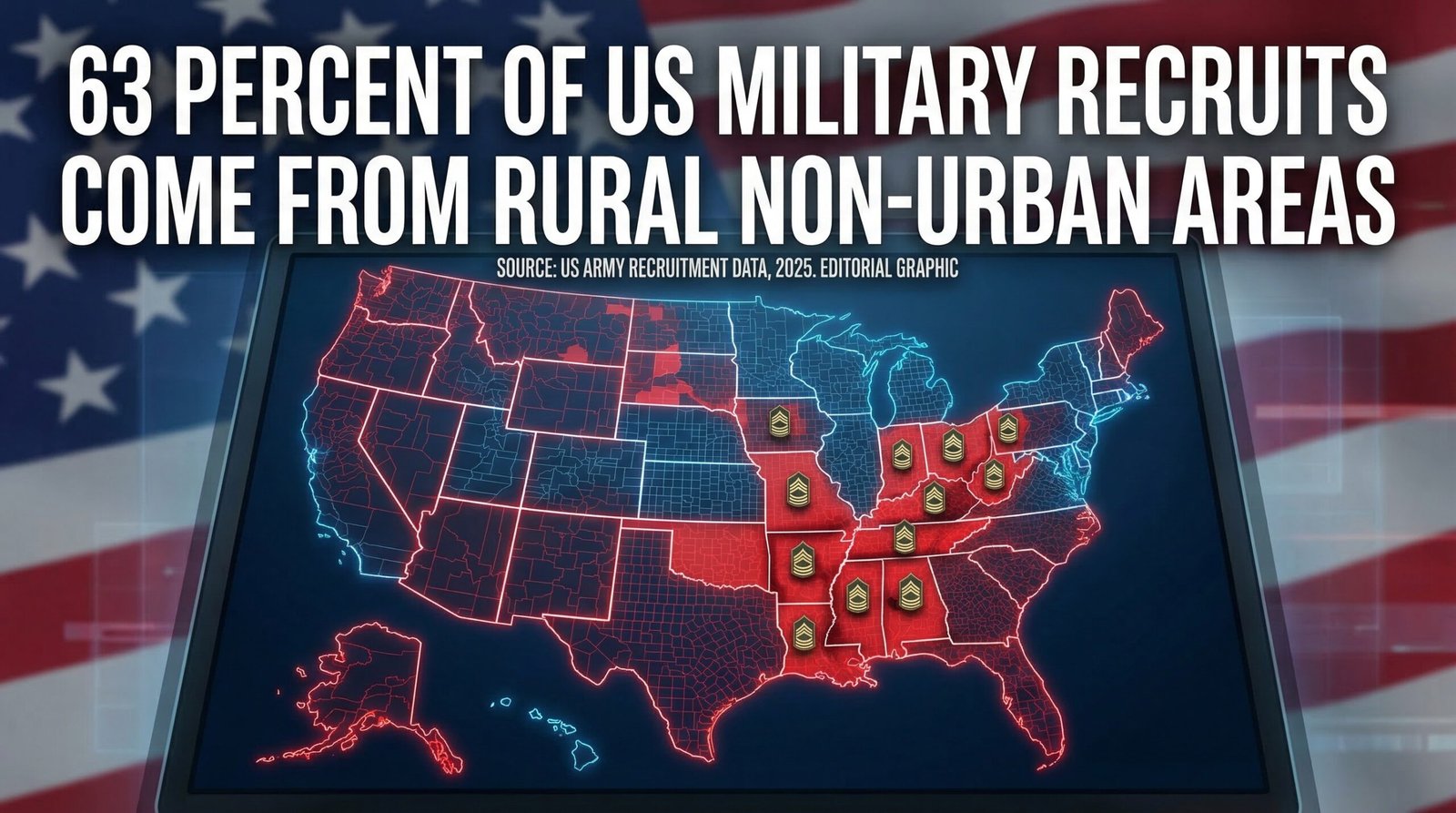 Map of United States showing rural Southern states as top military recruitment zones 2026