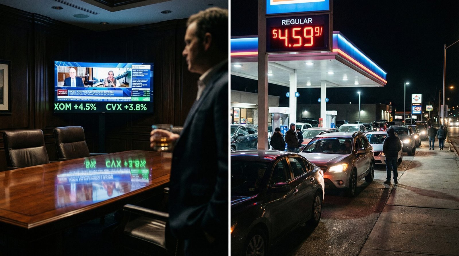 Stock trading screen showing ExxonMobil Chevron energy sector gains contrasted with long gas station lines Iran war oil shock 2026