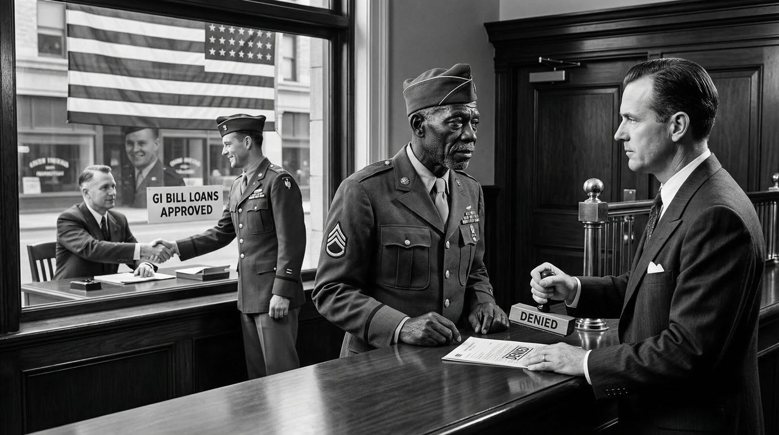 Black WWII veteran denied GI Bill home loan by bank officer while white veteran receives loan across street 1945
