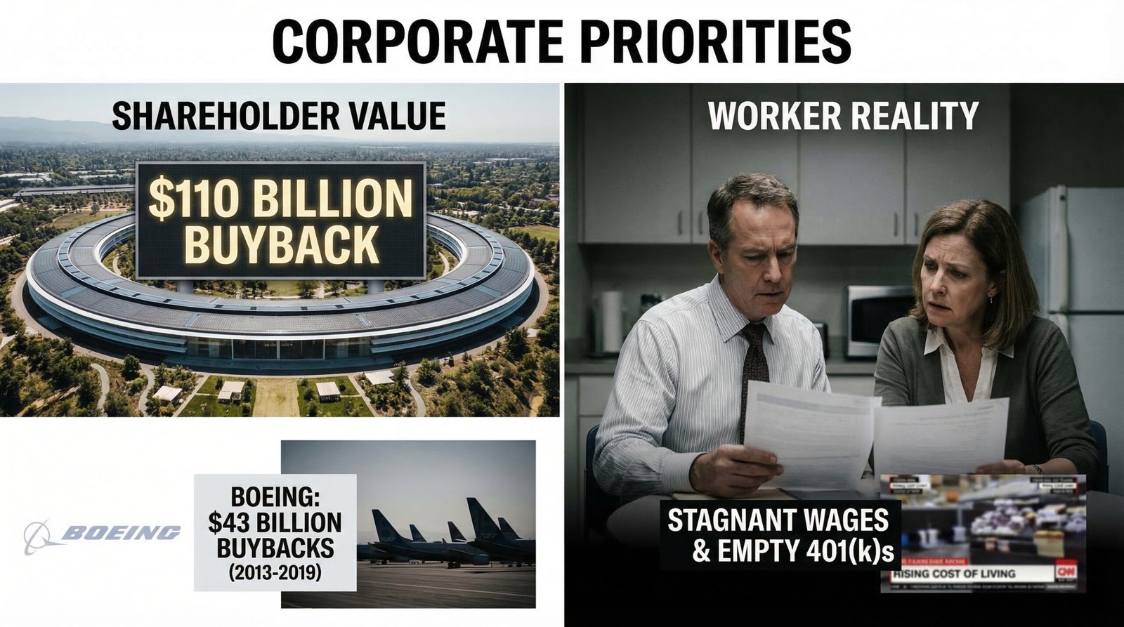 Apple $110 billion stock buyback Boeing $43 billion buybacks versus worker wages stagnation corporate priorities