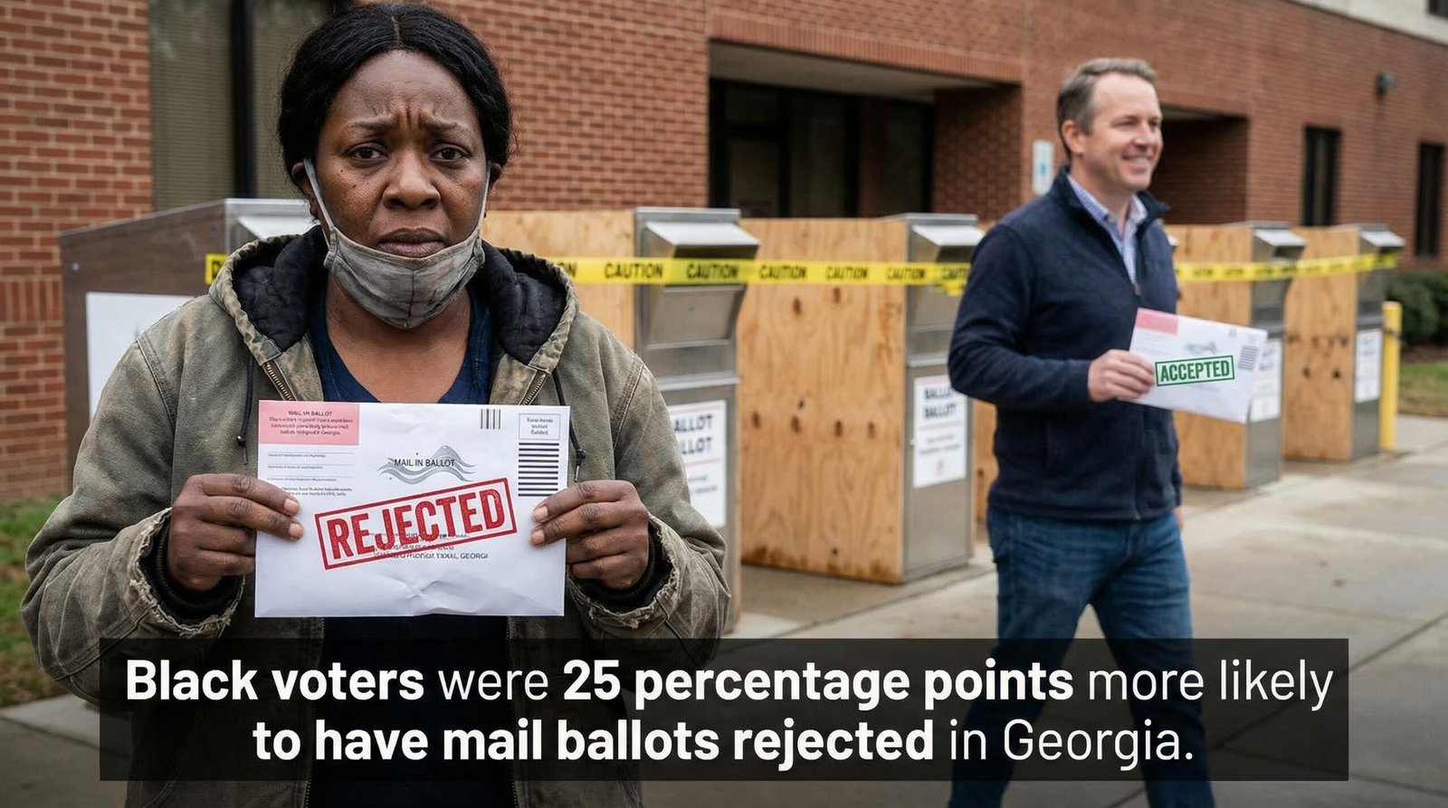 Georgia Black voter mail ballot rejected 2024 while white voter ballot accepted drop boxes boarded up SB 202 suppression