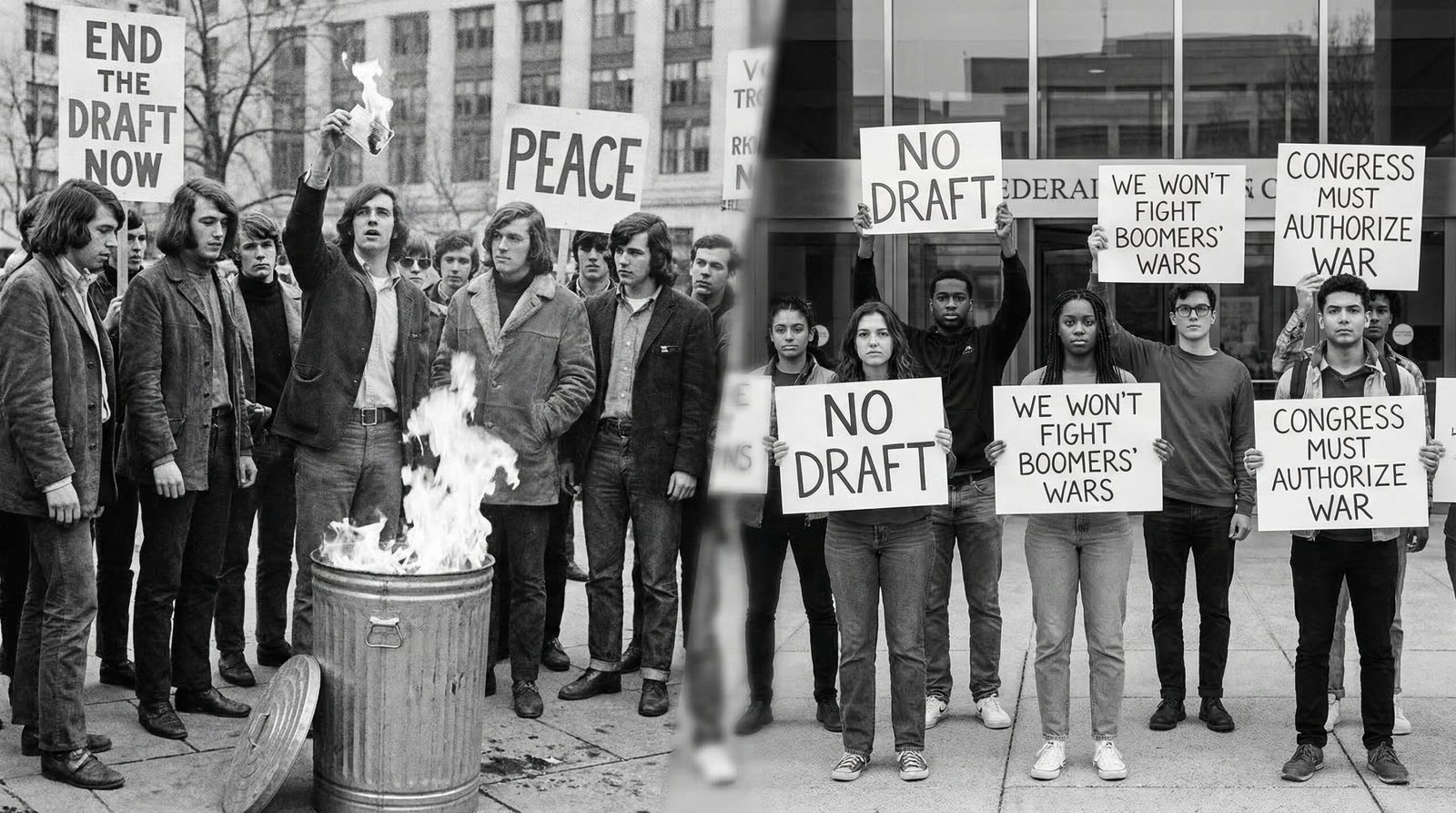 Vietnam draft card protest 1970 transitions to Millennials protesting no draft Iran war 2026