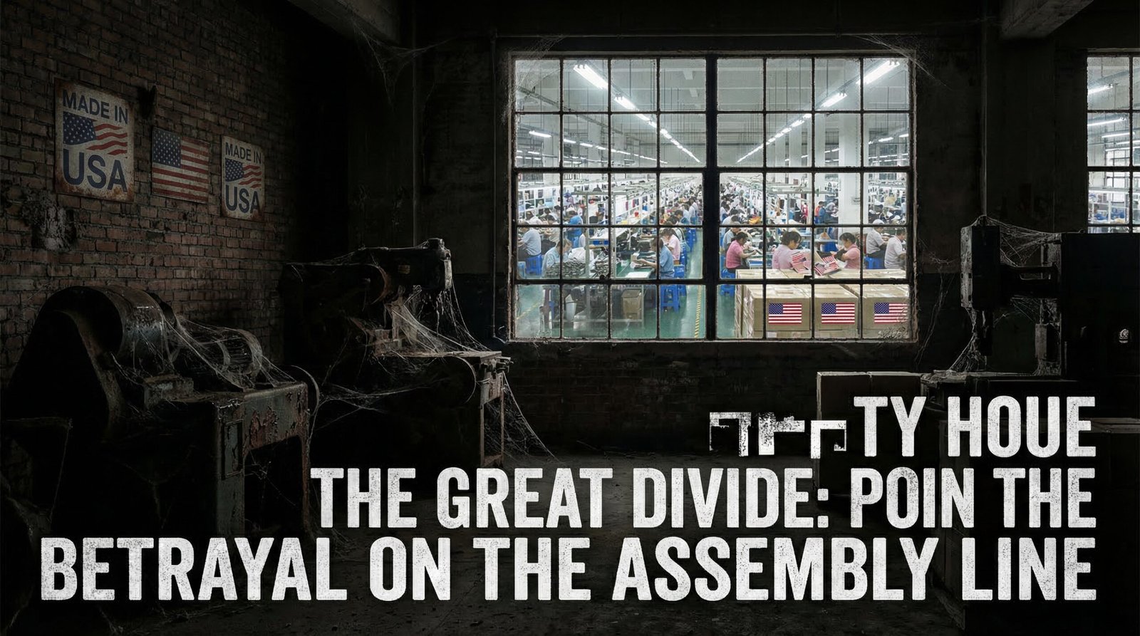 Abandoned dark American factory while Chinese factory through window produces goods with American flag labels