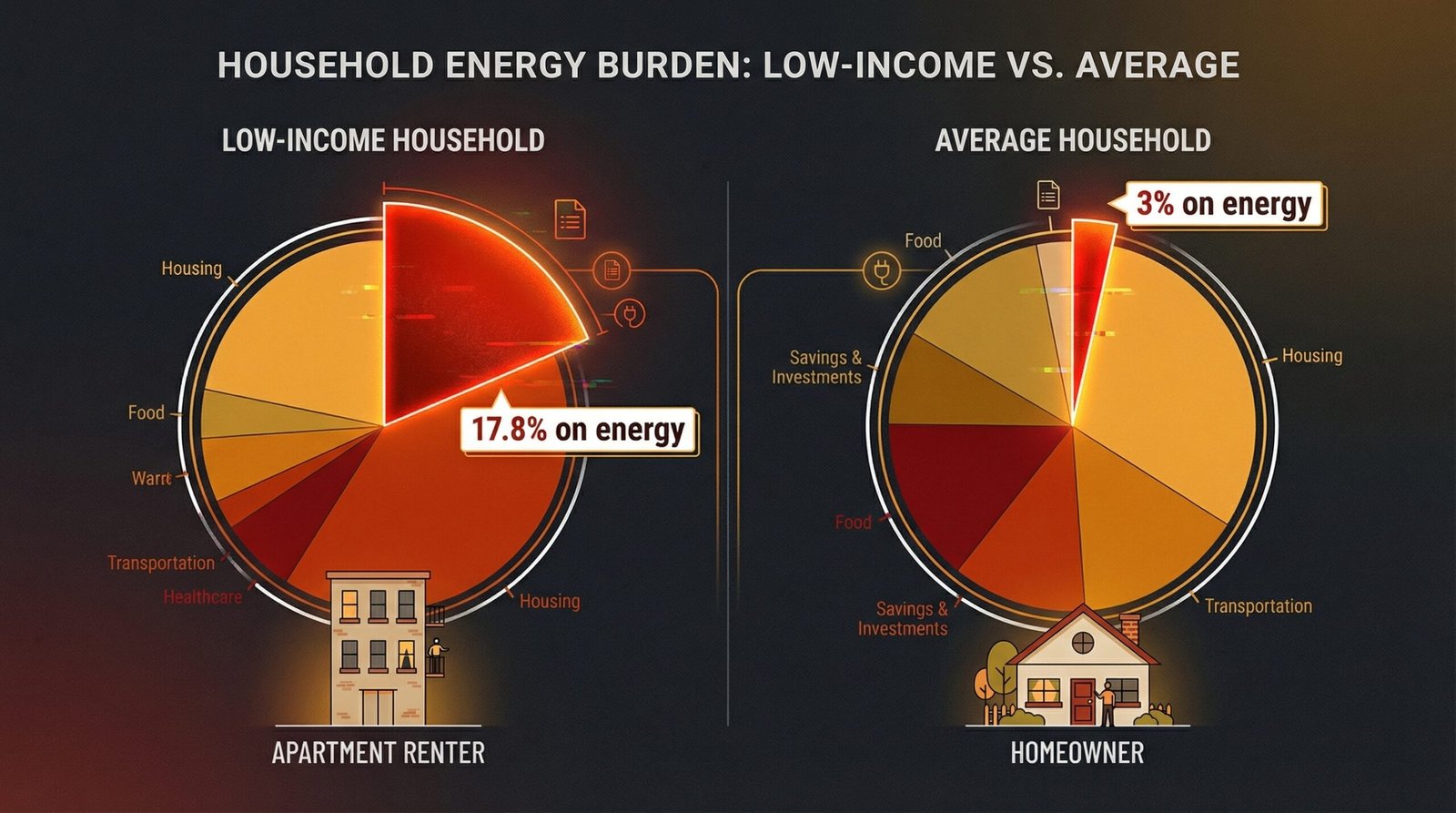 Infographic comparing energy burden low income households 17.8 percent of income versus national average 3 percent gas prices Iran war 2026