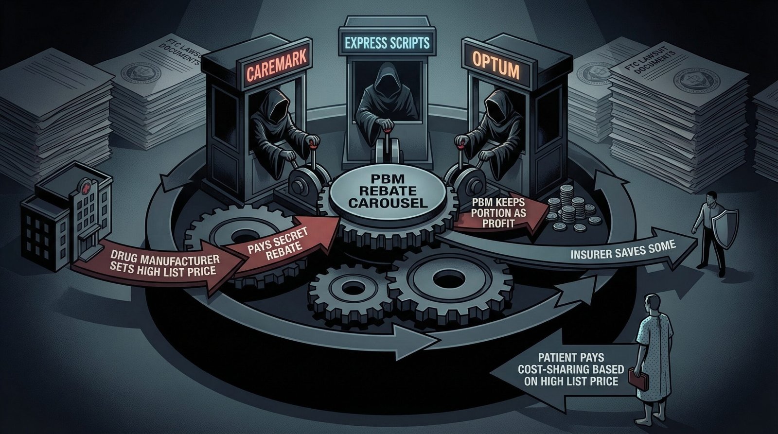 PBM pharmacy benefit manager rebate carousel inflating insulin prices Caremark Express Scripts Optum FTC lawsuit 2024