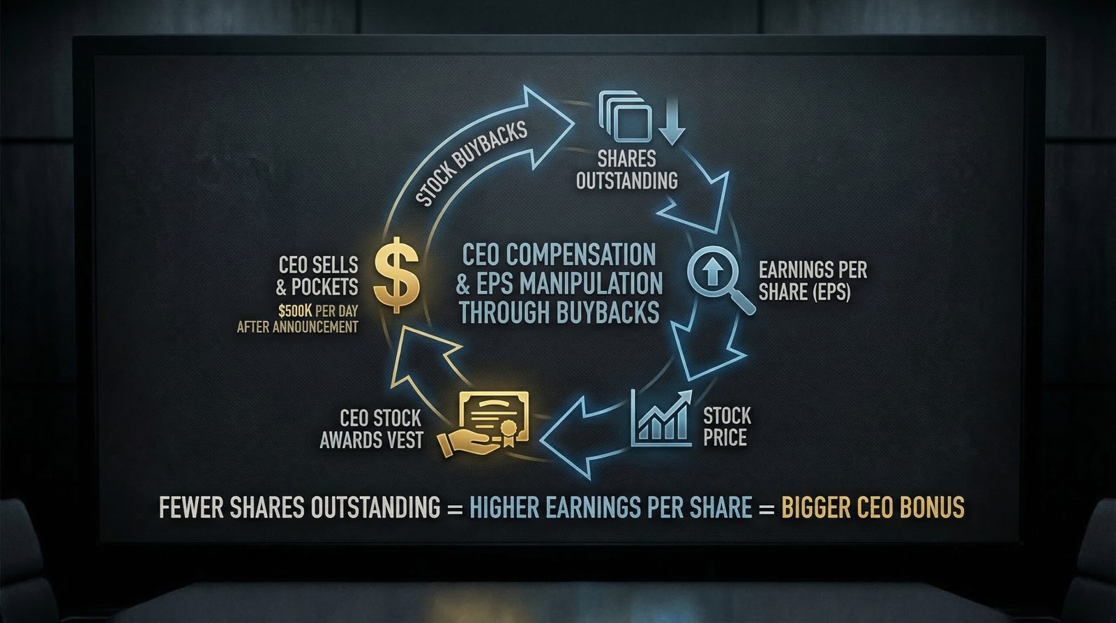 CEO EPS manipulation through stock buybacks fewer shares higher earnings per share executive compensation bonus scheme