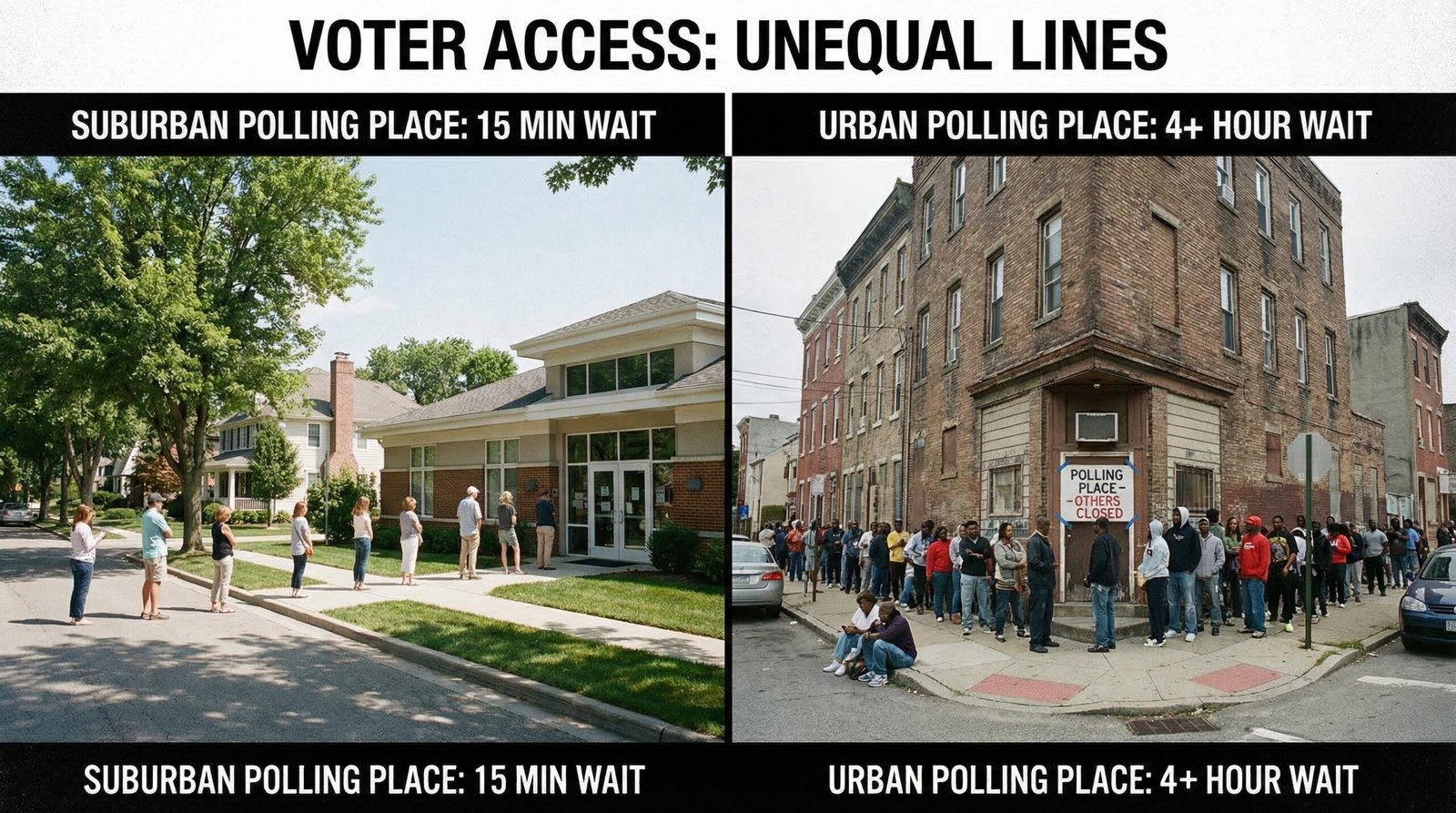 Voter access inequality split screen white suburb short polling line versus Black neighborhood 4-hour line one remaining location
