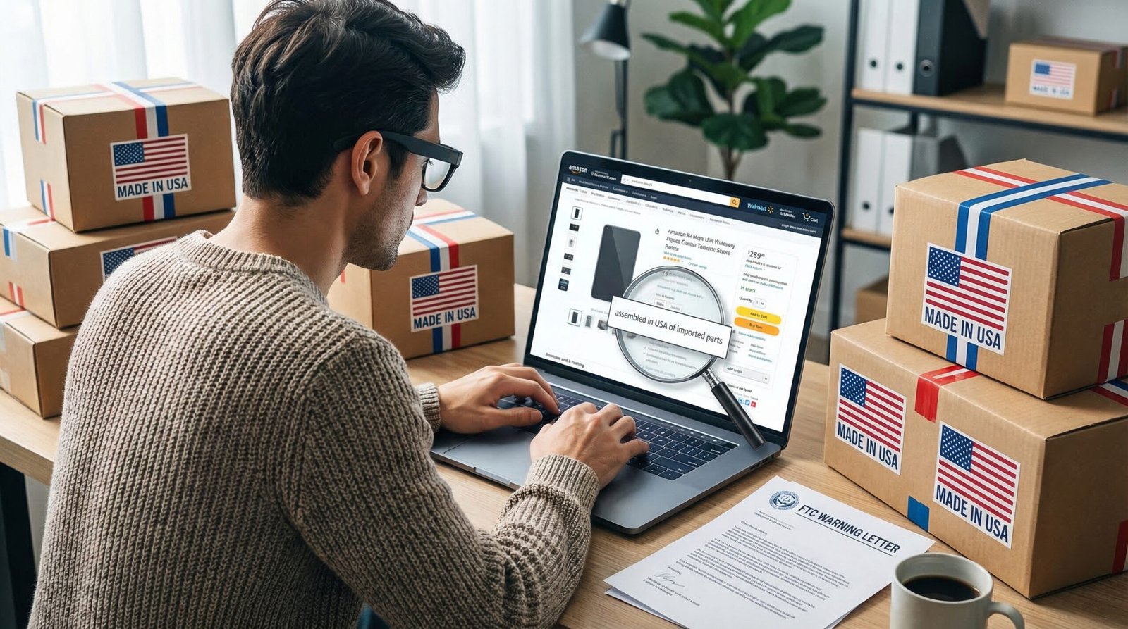 Consumer shops online surrounded by fake Made in USA labeled products with tiny imported parts fine print