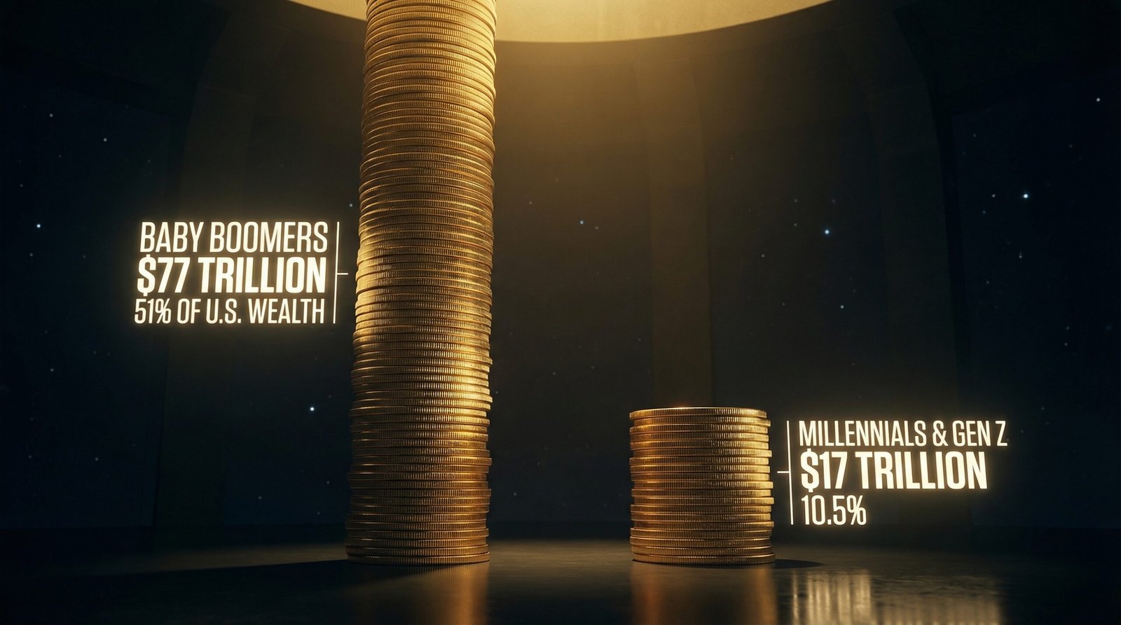 Comparison of Boomer wealth 77 trillion versus Millennials Gen Z 17 trillion total US wealth oil shock 2026 generational inequality wealth gap