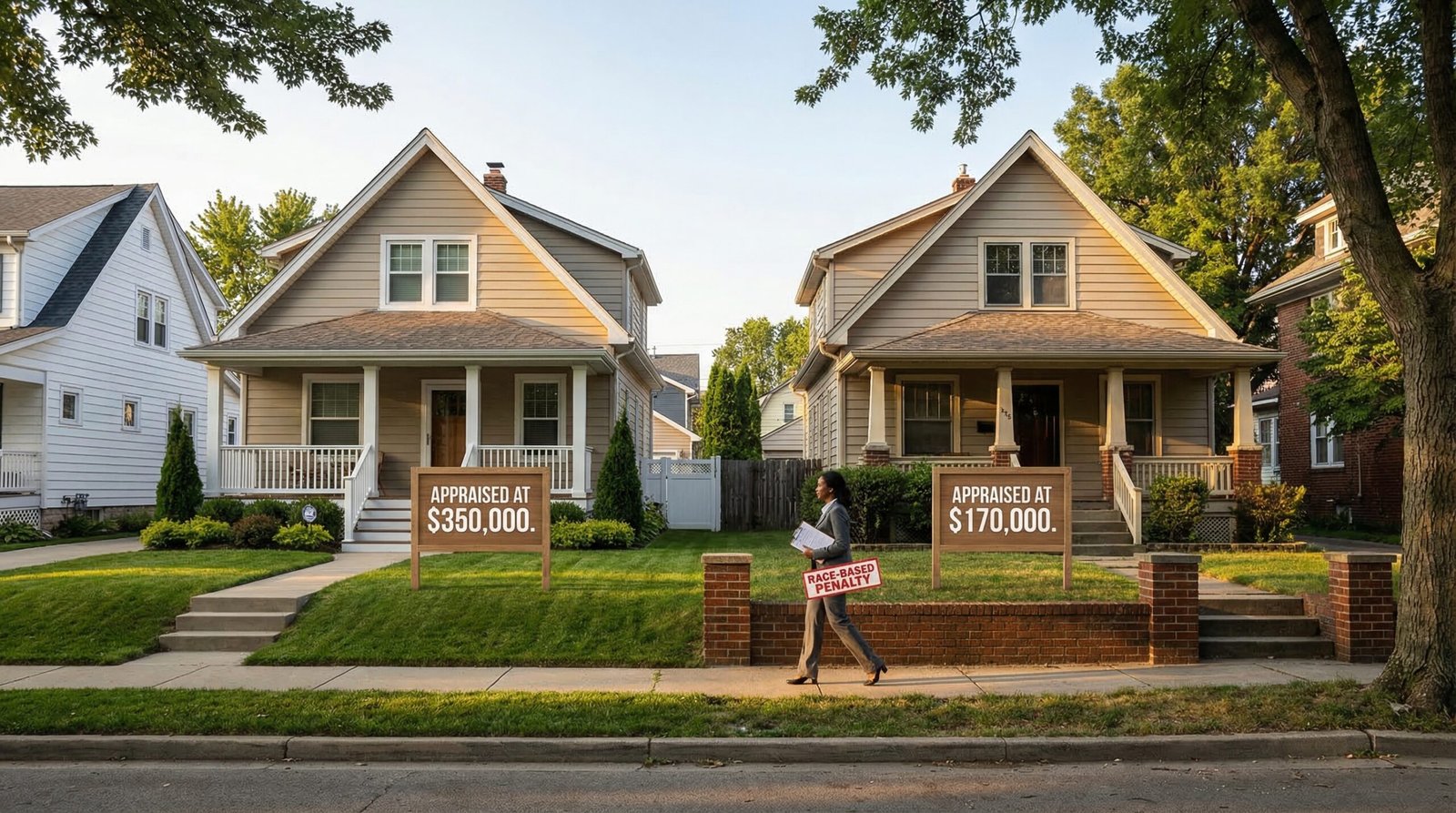 Racial appraisal bias two identical houses one appraised at $350000 white suburb one at $170000 Black neighborhood