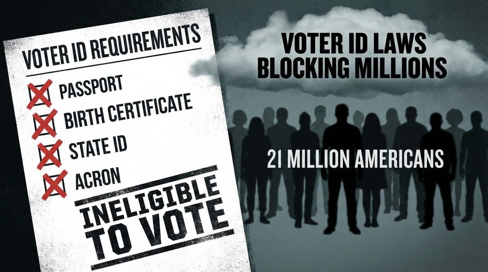 Voter ID laws blocking 21 million eligible Americans lacking required documents ineligible to vote stamp
