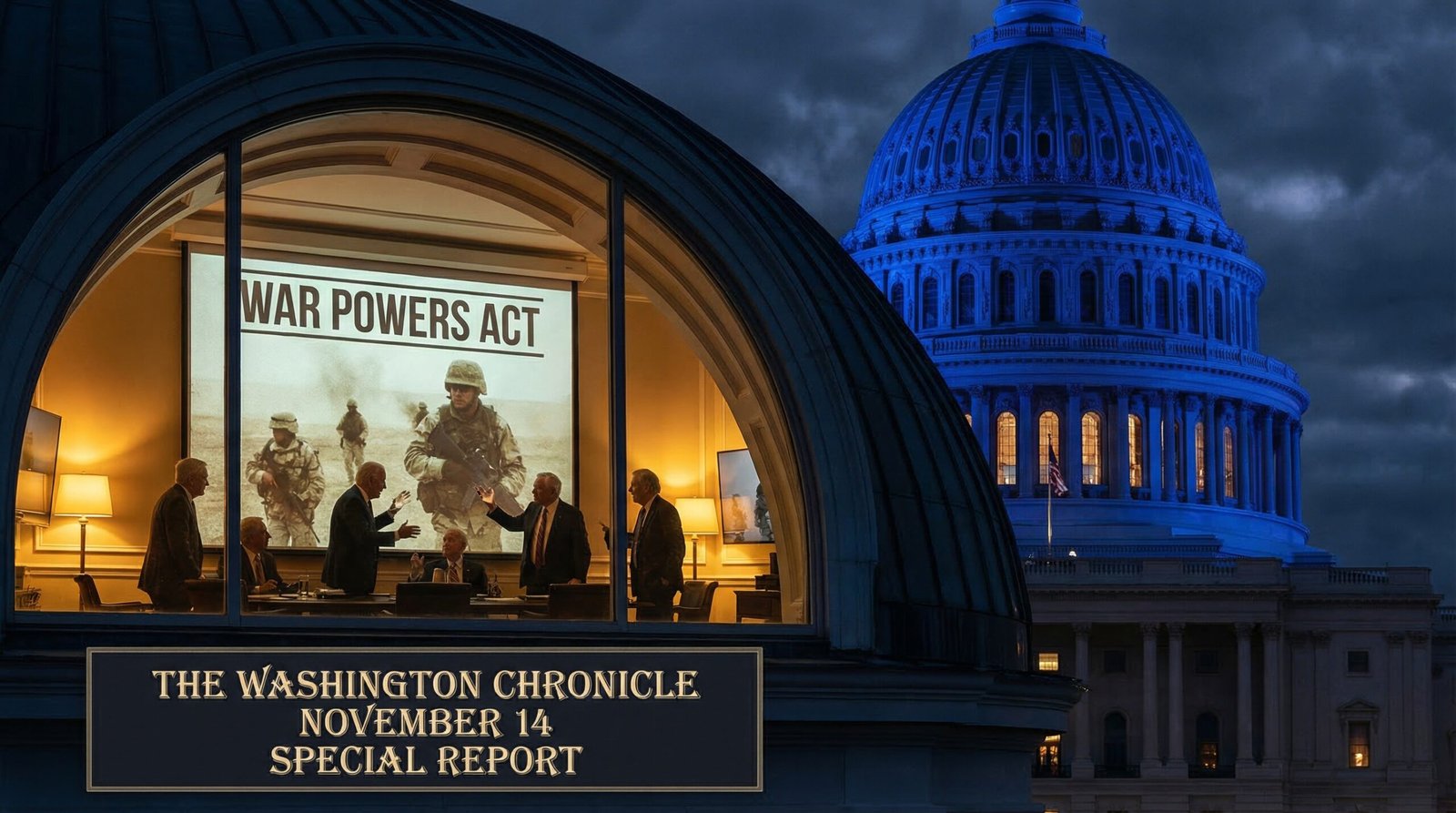US Capitol building at night with senators debating War Powers Act during Iran war 2026
