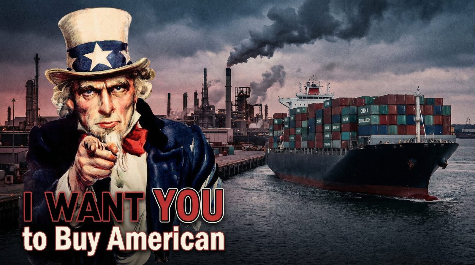 Uncle Sam Buy American poster with outsourced factory shipping containers to China Vietnam Bangladesh behind him