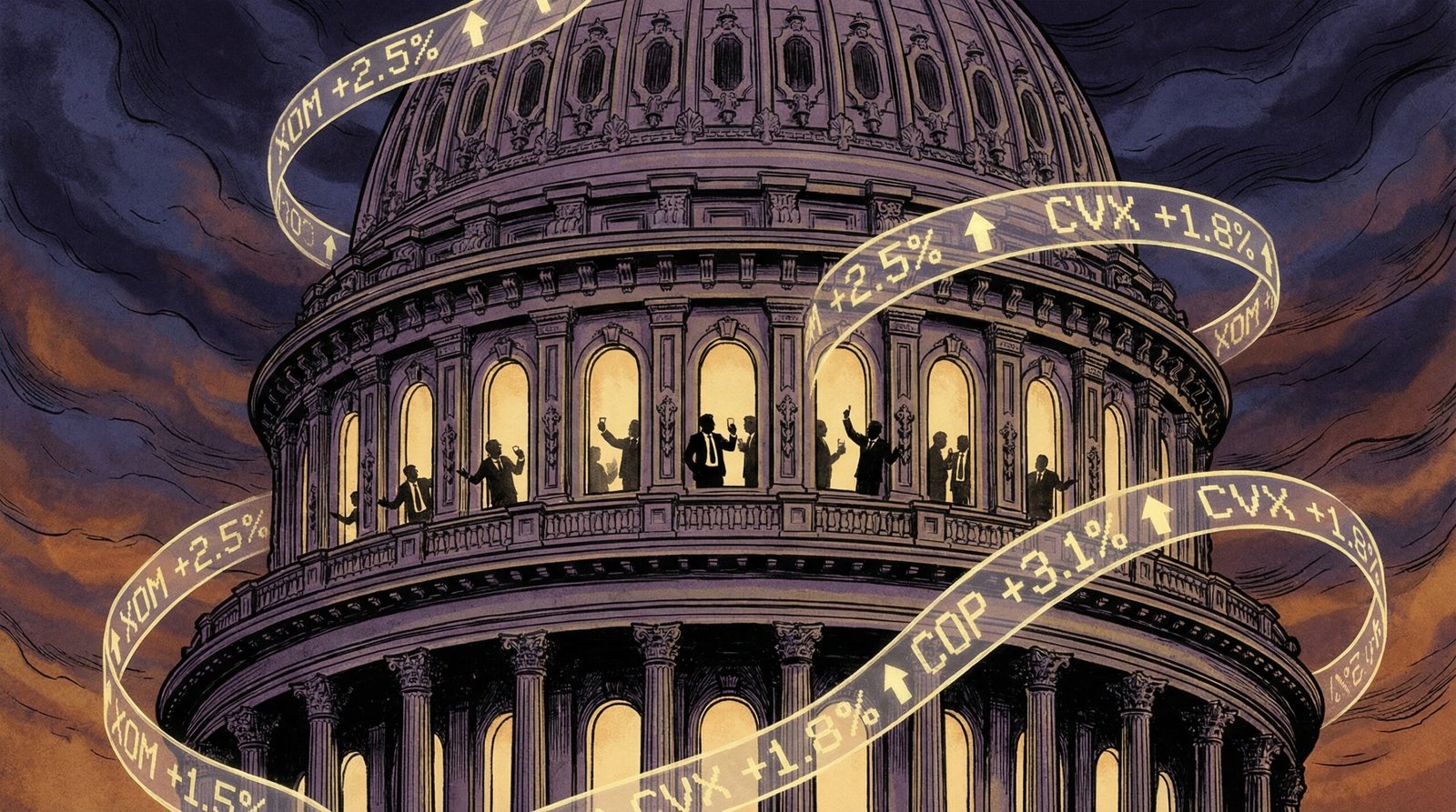 Capitol building with energy stock tickers showing Congress members holding ExxonMobil Chevron ConocoPhillips while voting Iran war authorization