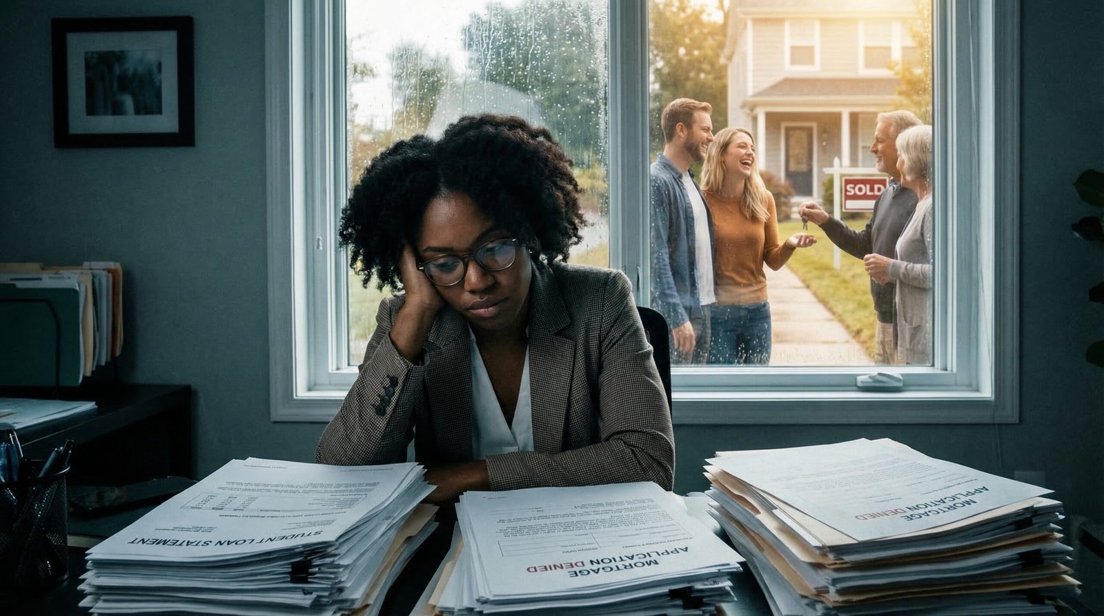Millennial Black professional surrounded by student loan rejections while white peer buys home with parental wealth transfer