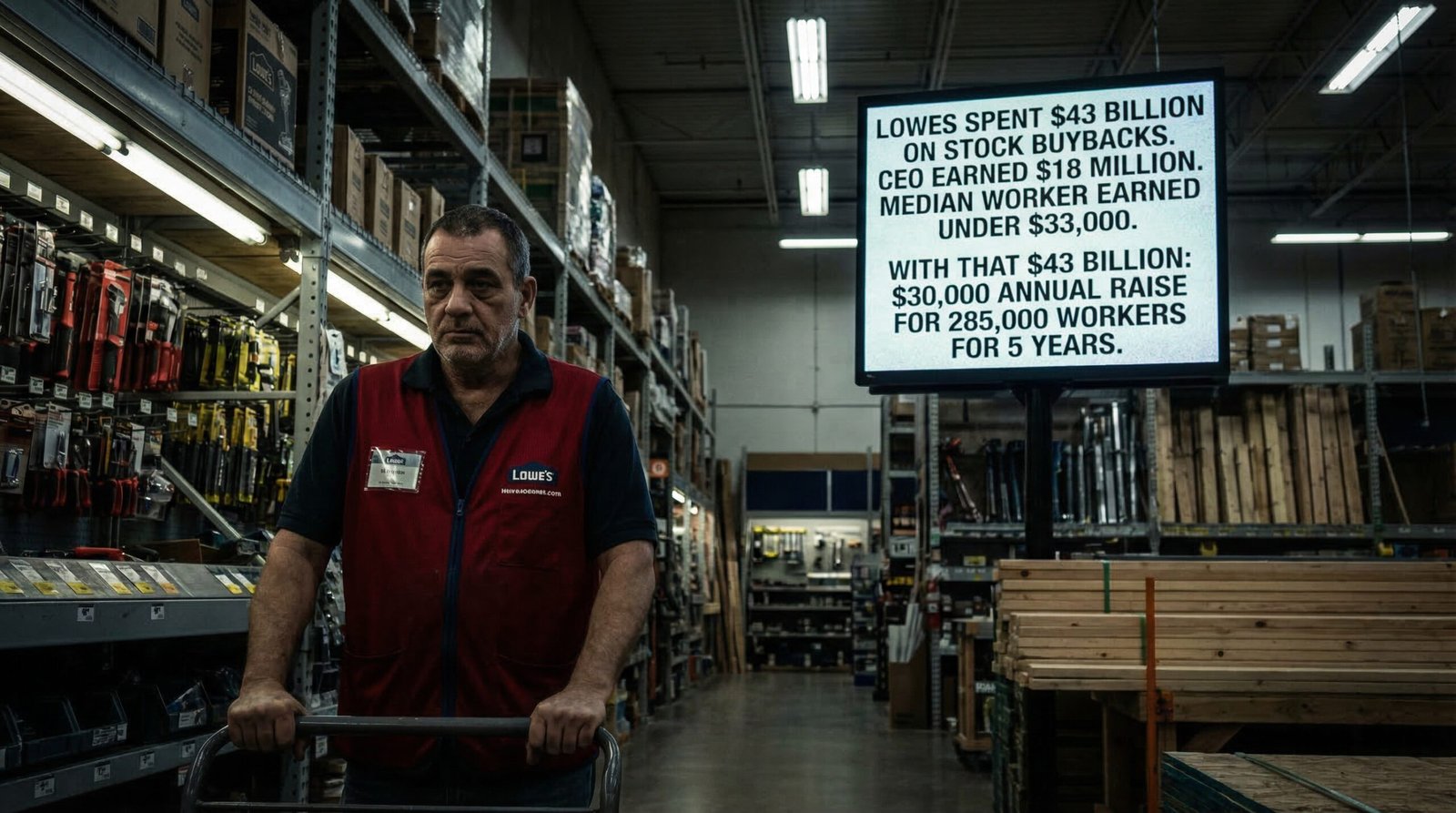 Lowes $43 billion stock buybacks CEO $18 million salary median worker $33000 wage stagnation low-wage employer buybacks