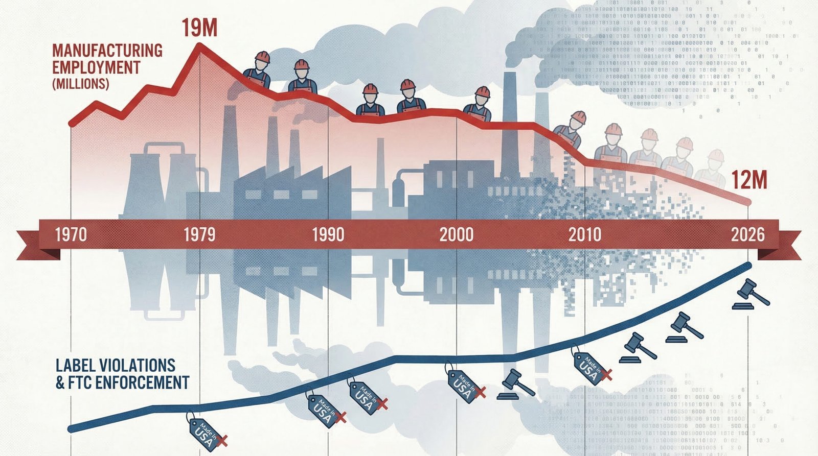 Timeline of US manufacturing employment decline from 19 million in 1979 to 12 million in 2026