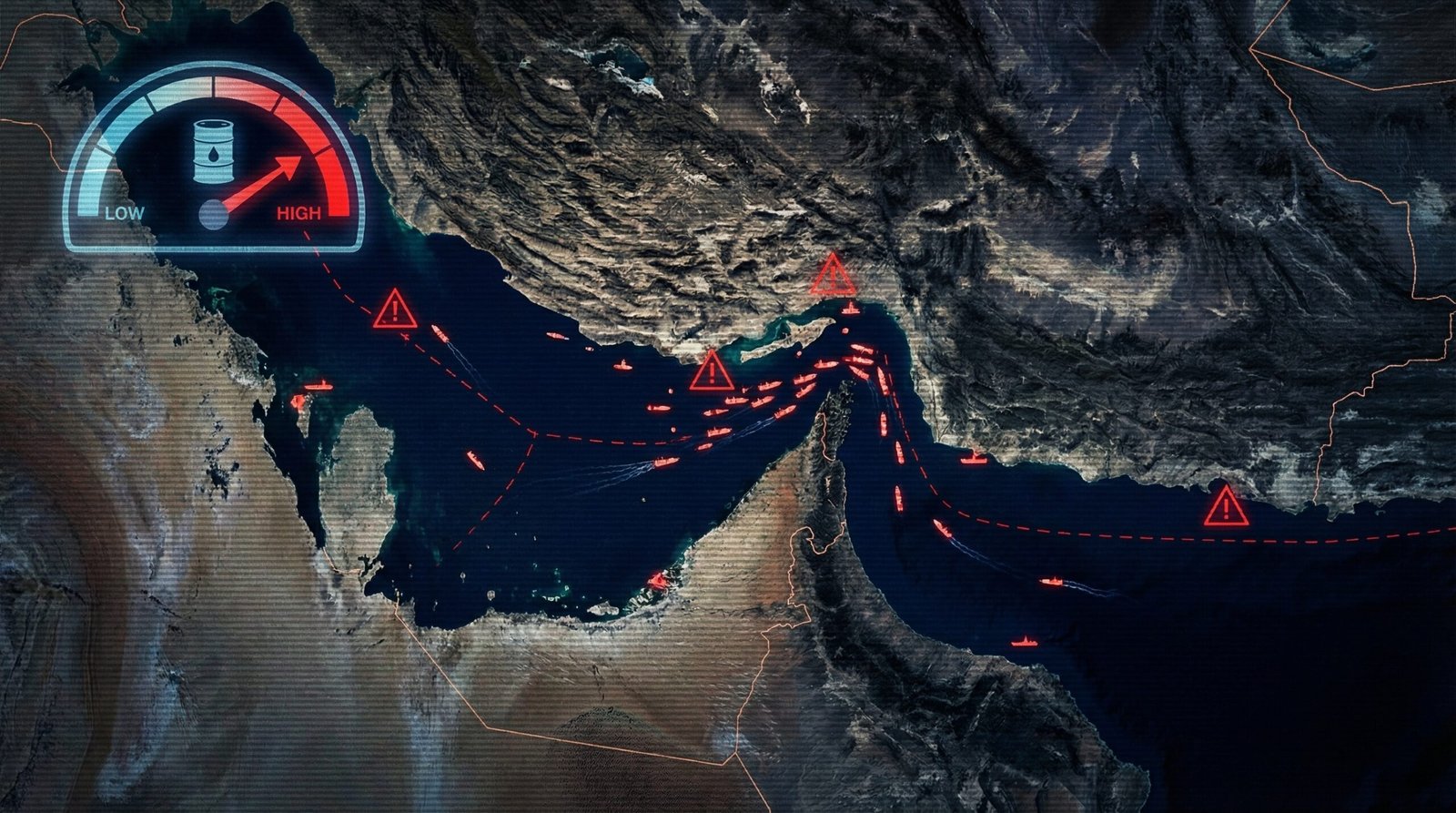 Map of Strait of Hormuz chokepoint with oil tankers stopped Iran war 2026 oil price forecast barrel price scenario